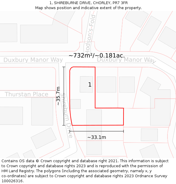 1, SHIREBURNE DRIVE, CHORLEY, PR7 3FR: Plot and title map