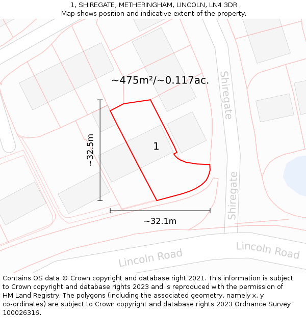 1, SHIREGATE, METHERINGHAM, LINCOLN, LN4 3DR: Plot and title map