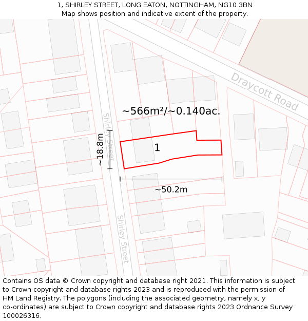 1, SHIRLEY STREET, LONG EATON, NOTTINGHAM, NG10 3BN: Plot and title map