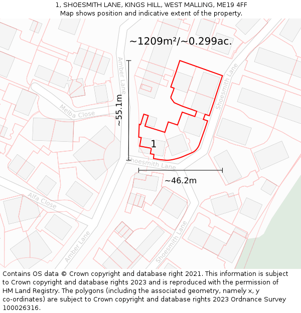 1, SHOESMITH LANE, KINGS HILL, WEST MALLING, ME19 4FF: Plot and title map