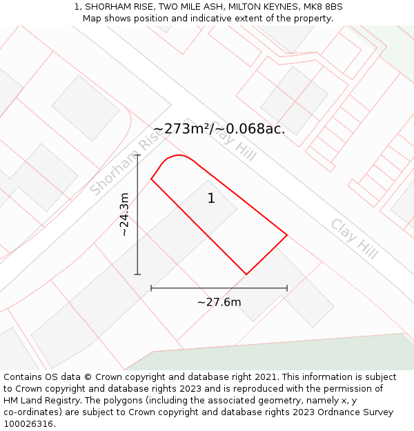1, SHORHAM RISE, TWO MILE ASH, MILTON KEYNES, MK8 8BS: Plot and title map