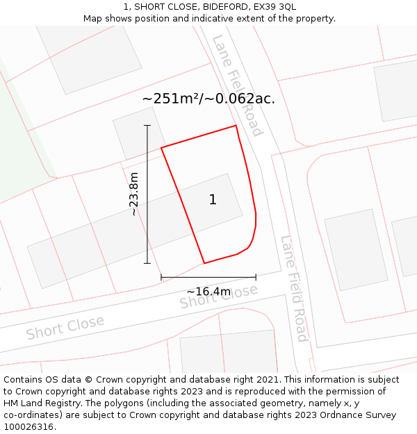 1, SHORT CLOSE, BIDEFORD, EX39 3QL: Plot and title map
