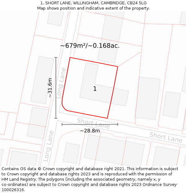 1, SHORT LANE, WILLINGHAM, CAMBRIDGE, CB24 5LG: Plot and title map