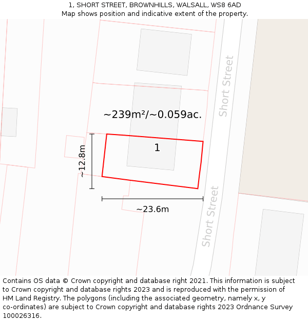 1, SHORT STREET, BROWNHILLS, WALSALL, WS8 6AD: Plot and title map