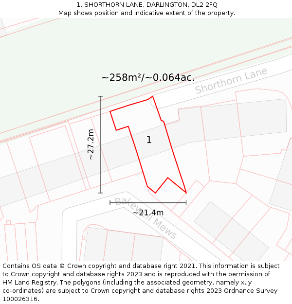 1, SHORTHORN LANE, DARLINGTON, DL2 2FQ: Plot and title map