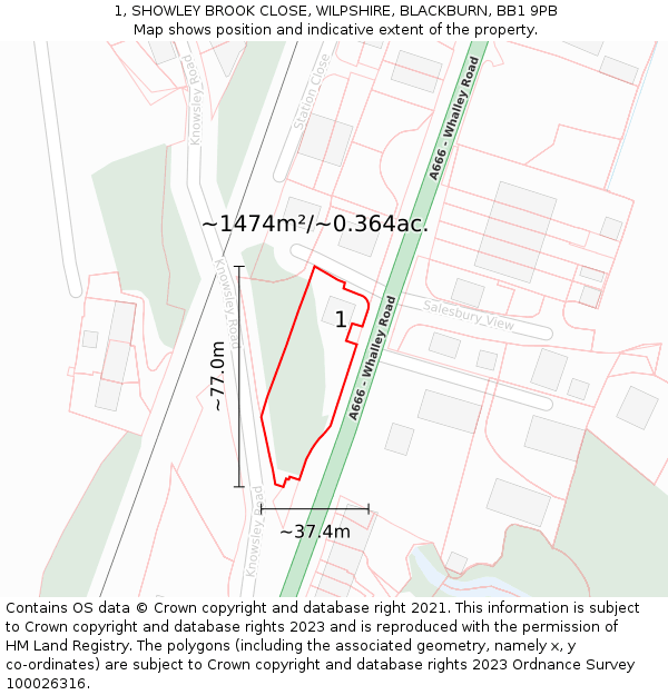 1, SHOWLEY BROOK CLOSE, WILPSHIRE, BLACKBURN, BB1 9PB: Plot and title map