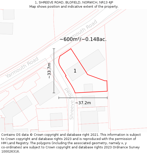 1, SHREEVE ROAD, BLOFIELD, NORWICH, NR13 4JP: Plot and title map