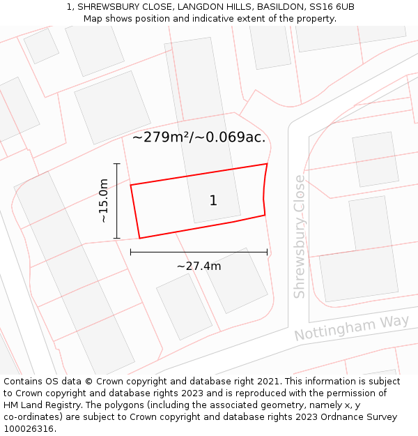 1, SHREWSBURY CLOSE, LANGDON HILLS, BASILDON, SS16 6UB: Plot and title map