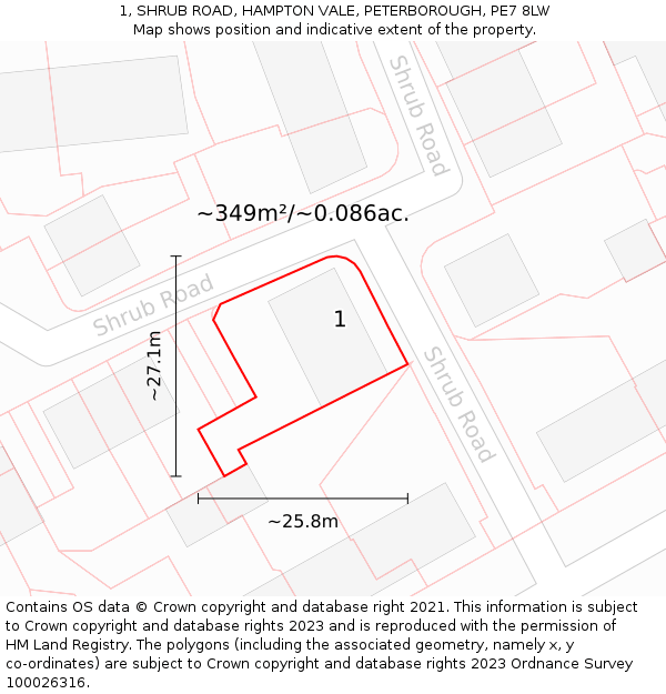 1, SHRUB ROAD, HAMPTON VALE, PETERBOROUGH, PE7 8LW: Plot and title map