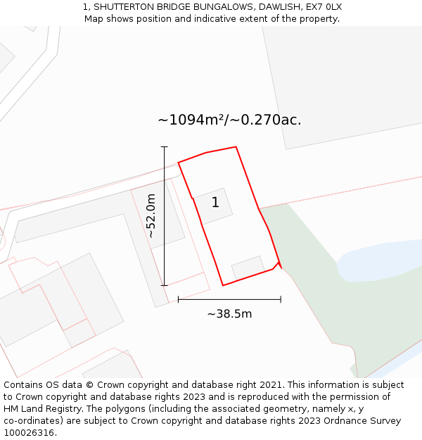 1, SHUTTERTON BRIDGE BUNGALOWS, DAWLISH, EX7 0LX: Plot and title map