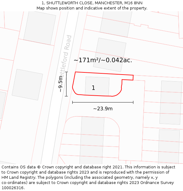 1, SHUTTLEWORTH CLOSE, MANCHESTER, M16 8NN: Plot and title map
