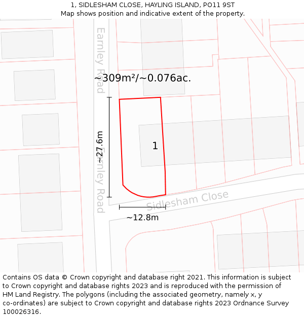 1, SIDLESHAM CLOSE, HAYLING ISLAND, PO11 9ST: Plot and title map