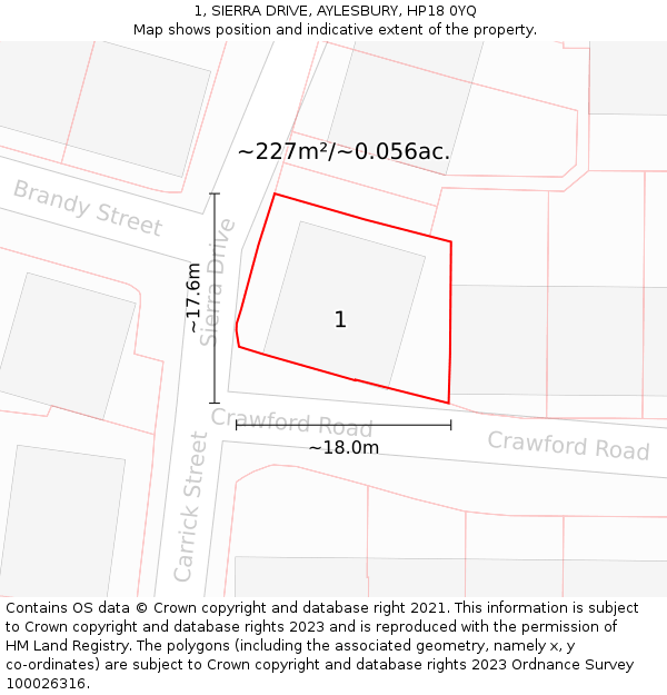 1, SIERRA DRIVE, AYLESBURY, HP18 0YQ: Plot and title map
