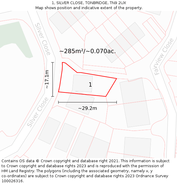 1, SILVER CLOSE, TONBRIDGE, TN9 2UX: Plot and title map