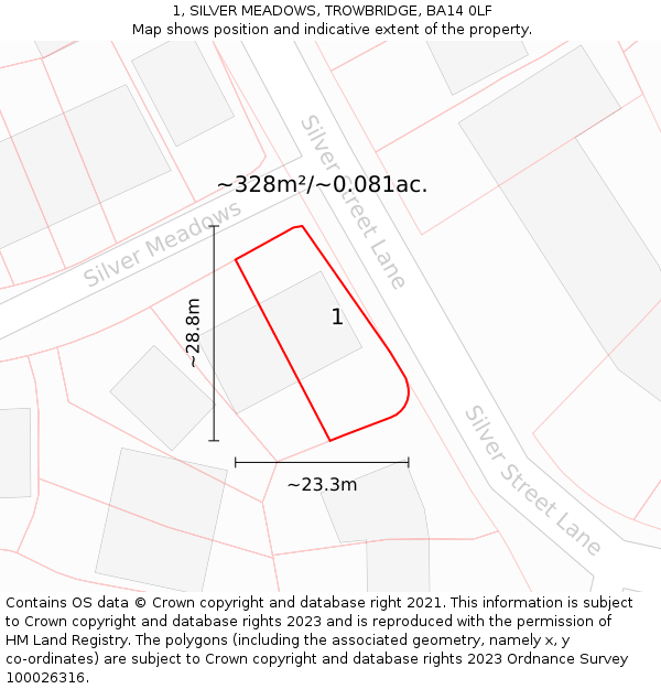 1, SILVER MEADOWS, TROWBRIDGE, BA14 0LF: Plot and title map