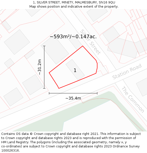 1, SILVER STREET, MINETY, MALMESBURY, SN16 9QU: Plot and title map