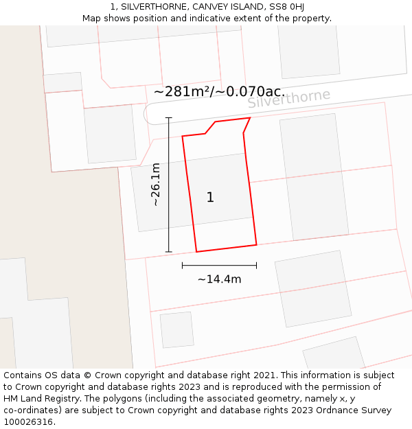 1, SILVERTHORNE, CANVEY ISLAND, SS8 0HJ: Plot and title map