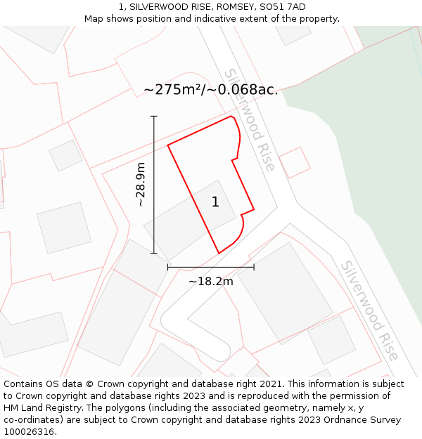 1, SILVERWOOD RISE, ROMSEY, SO51 7AD: Plot and title map