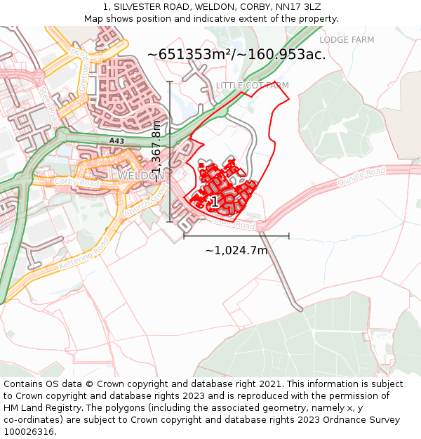 1, SILVESTER ROAD, WELDON, CORBY, NN17 3LZ: Plot and title map