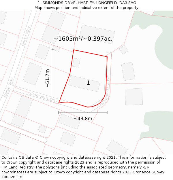 1, SIMMONDS DRIVE, HARTLEY, LONGFIELD, DA3 8AG: Plot and title map