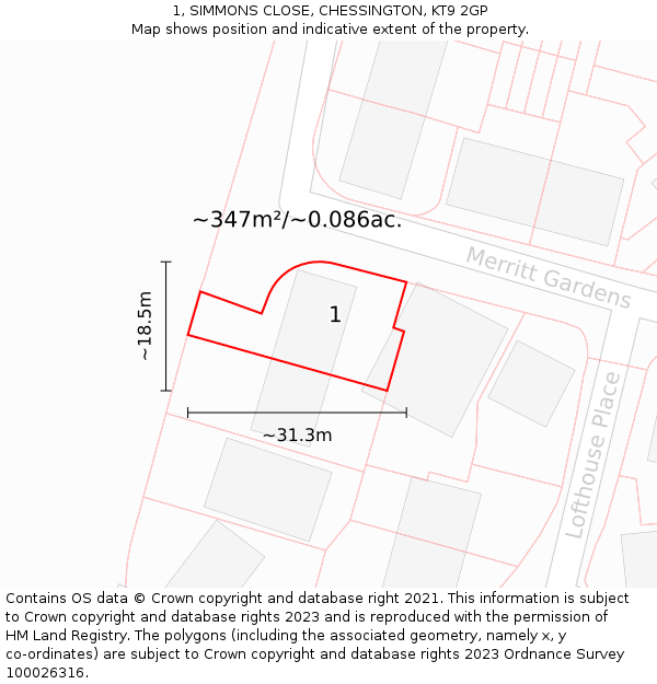 1, SIMMONS CLOSE, CHESSINGTON, KT9 2GP: Plot and title map