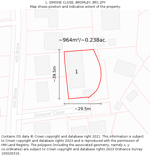 1, SIMONE CLOSE, BROMLEY, BR1 2PY: Plot and title map