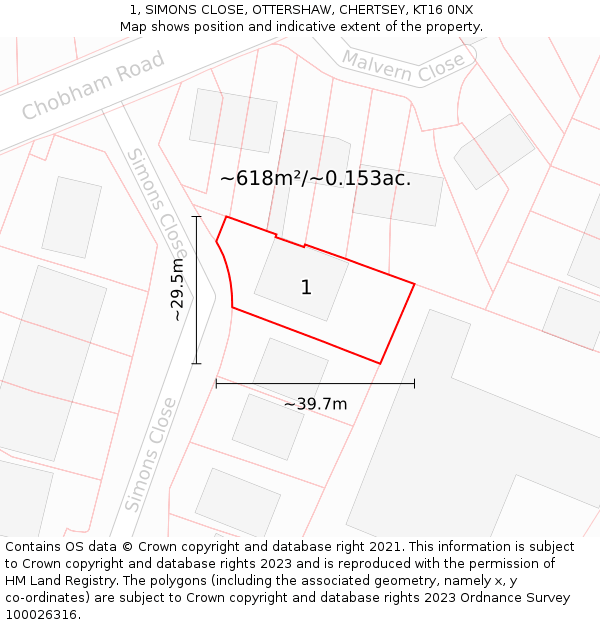 1, SIMONS CLOSE, OTTERSHAW, CHERTSEY, KT16 0NX: Plot and title map