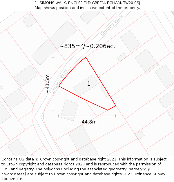 1, SIMONS WALK, ENGLEFIELD GREEN, EGHAM, TW20 9SJ: Plot and title map