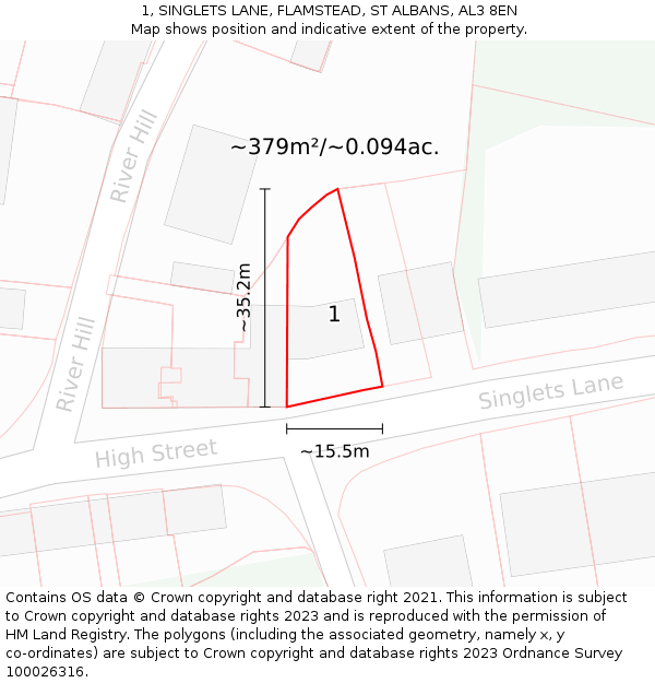 1, SINGLETS LANE, FLAMSTEAD, ST ALBANS, AL3 8EN: Plot and title map