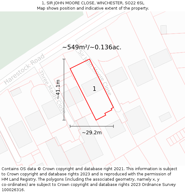 1, SIR JOHN MOORE CLOSE, WINCHESTER, SO22 6SL: Plot and title map