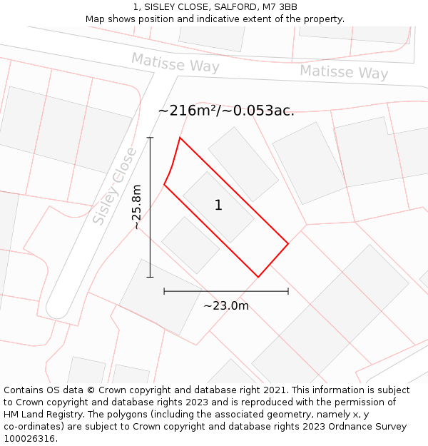 1, SISLEY CLOSE, SALFORD, M7 3BB: Plot and title map