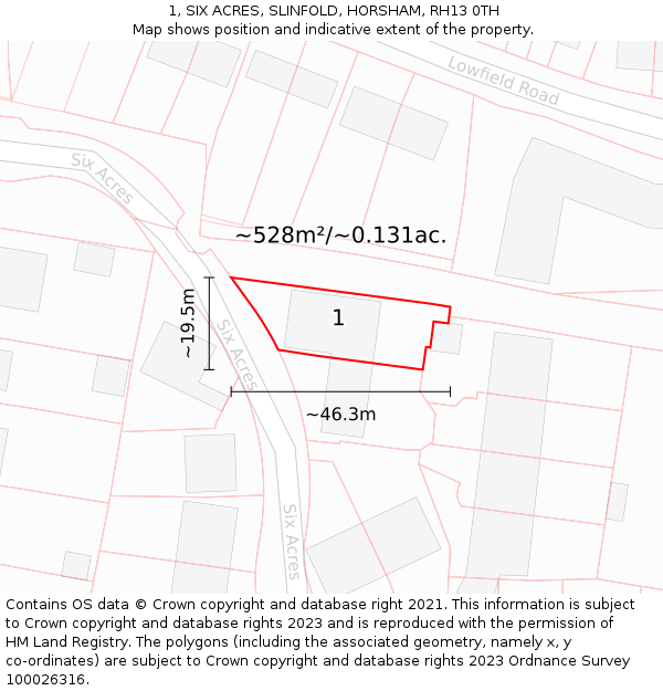 1, SIX ACRES, SLINFOLD, HORSHAM, RH13 0TH: Plot and title map