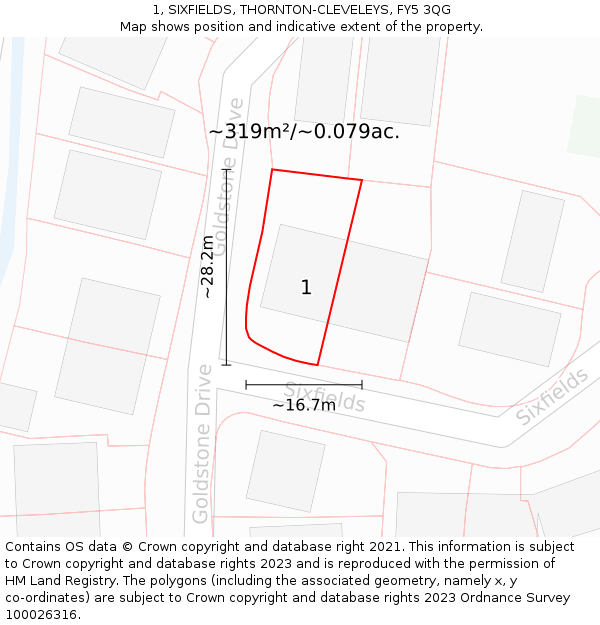 1, SIXFIELDS, THORNTON-CLEVELEYS, FY5 3QG: Plot and title map