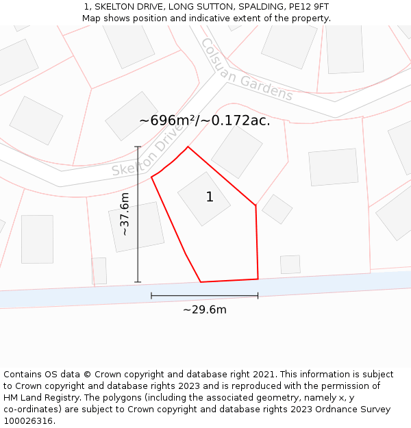 1, SKELTON DRIVE, LONG SUTTON, SPALDING, PE12 9FT: Plot and title map