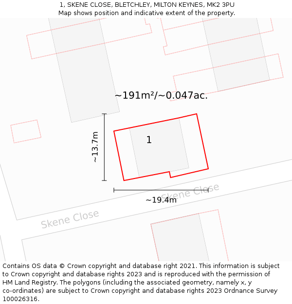 1, SKENE CLOSE, BLETCHLEY, MILTON KEYNES, MK2 3PU: Plot and title map