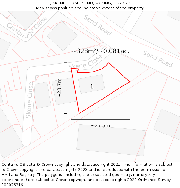 1, SKENE CLOSE, SEND, WOKING, GU23 7BD: Plot and title map