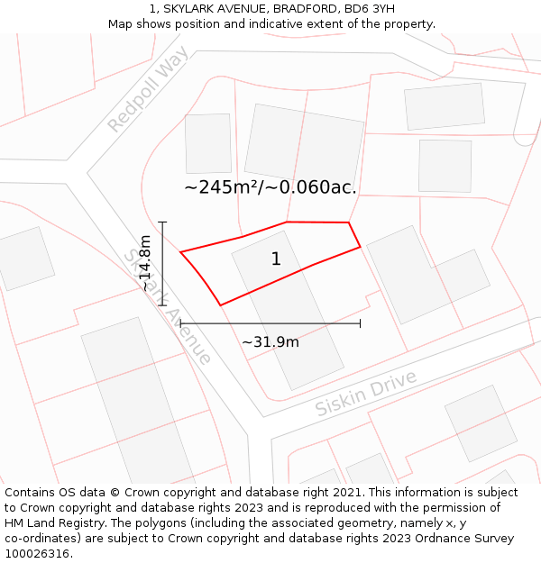 1, SKYLARK AVENUE, BRADFORD, BD6 3YH: Plot and title map