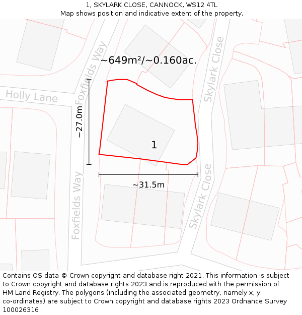 1, SKYLARK CLOSE, CANNOCK, WS12 4TL: Plot and title map