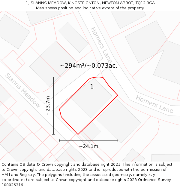 1, SLANNS MEADOW, KINGSTEIGNTON, NEWTON ABBOT, TQ12 3GA: Plot and title map