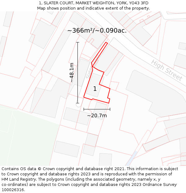 1, SLATER COURT, MARKET WEIGHTON, YORK, YO43 3FD: Plot and title map