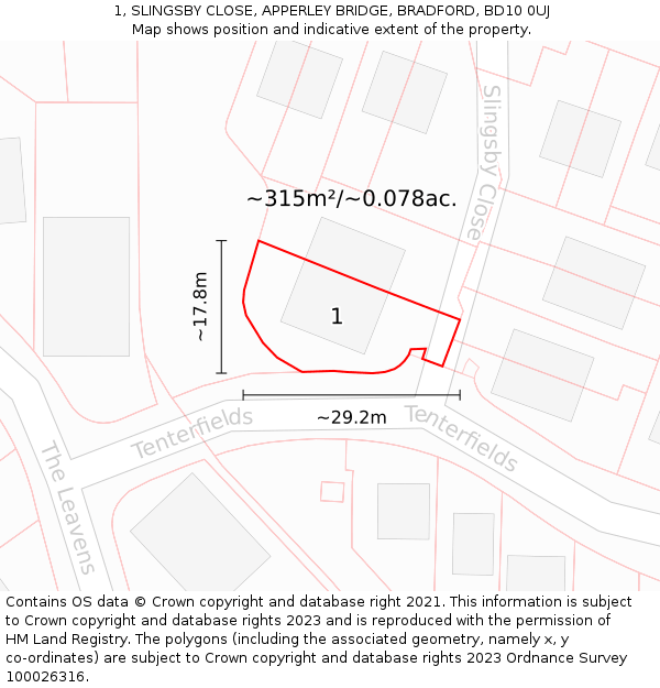 1, SLINGSBY CLOSE, APPERLEY BRIDGE, BRADFORD, BD10 0UJ: Plot and title map