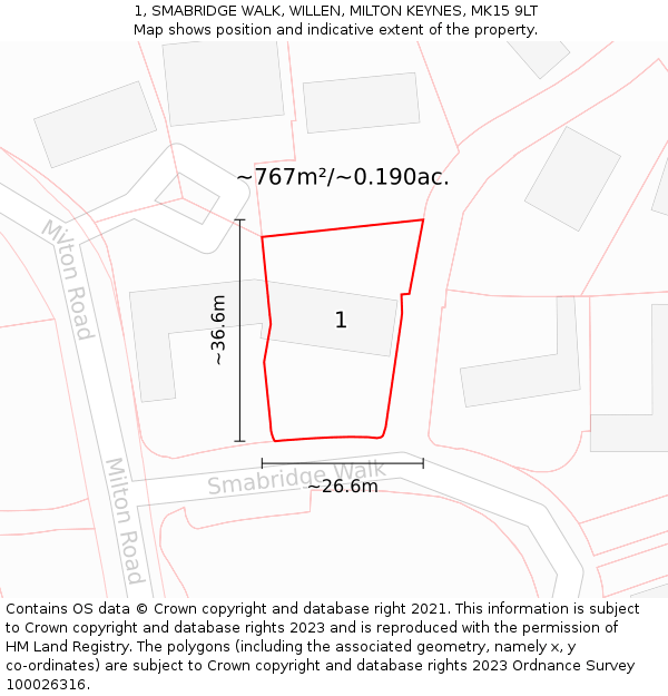 1, SMABRIDGE WALK, WILLEN, MILTON KEYNES, MK15 9LT: Plot and title map