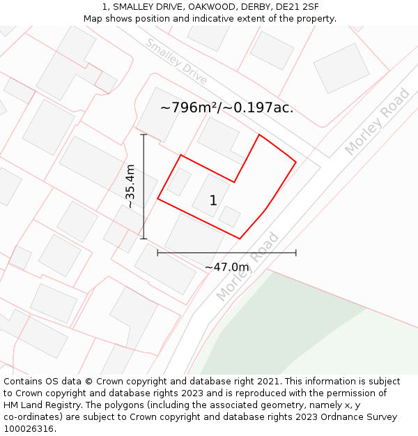 1, SMALLEY DRIVE, OAKWOOD, DERBY, DE21 2SF: Plot and title map