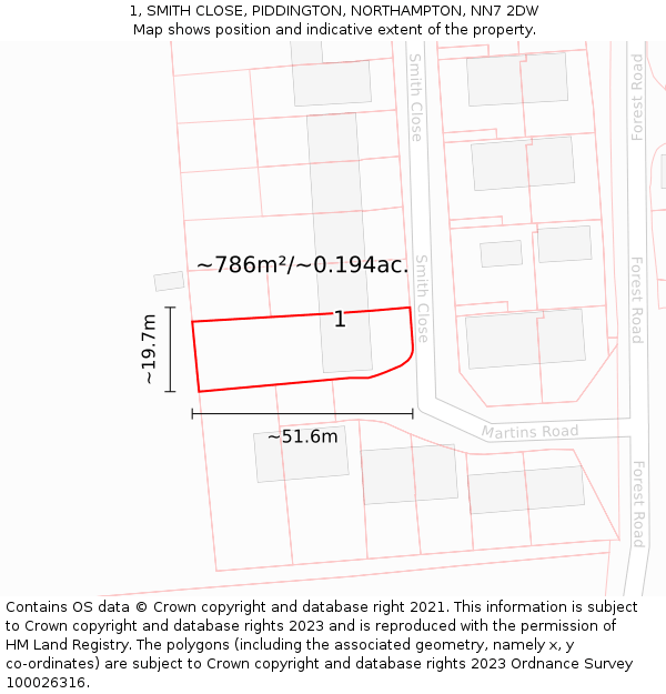 1, SMITH CLOSE, PIDDINGTON, NORTHAMPTON, NN7 2DW: Plot and title map