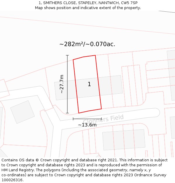 1, SMITHERS CLOSE, STAPELEY, NANTWICH, CW5 7SP: Plot and title map