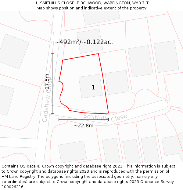 1, SMITHILLS CLOSE, BIRCHWOOD, WARRINGTON, WA3 7LT: Plot and title map