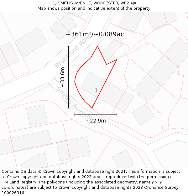 1, SMITHS AVENUE, WORCESTER, WR2 4JX: Plot and title map