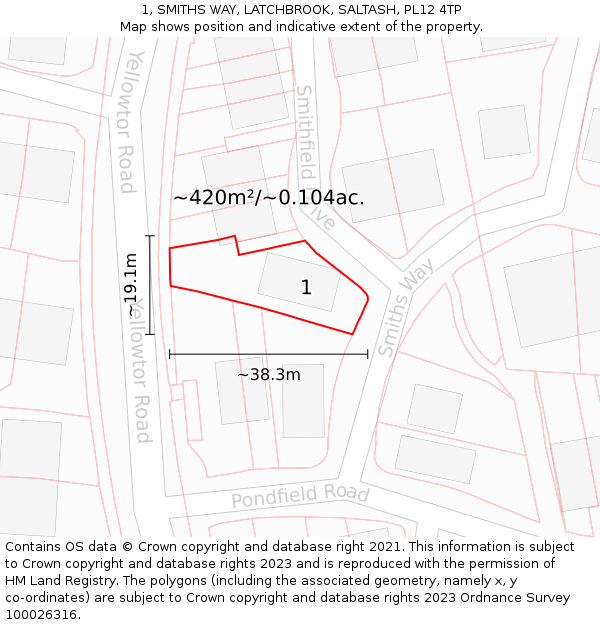 1, SMITHS WAY, LATCHBROOK, SALTASH, PL12 4TP: Plot and title map