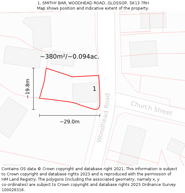 1, SMITHY BAR, WOODHEAD ROAD, GLOSSOP, SK13 7RH: Plot and title map