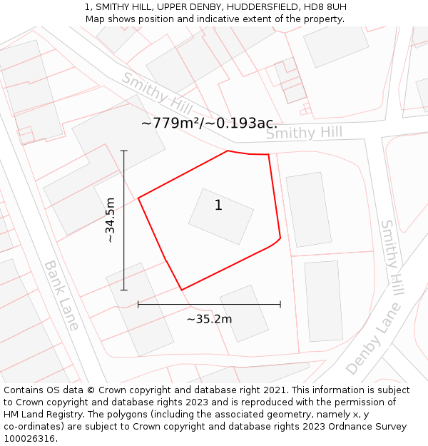 1, SMITHY HILL, UPPER DENBY, HUDDERSFIELD, HD8 8UH: Plot and title map